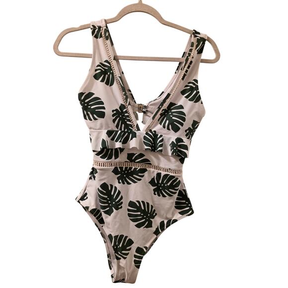Cupshe In The Forest Tropical Green White One Piece Bathing Suit Size S NWT - Picture 1 of 8